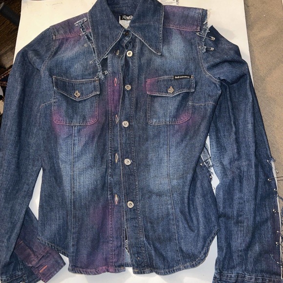 D&G, Dolce Gabbana Denim Button Down Edgy Pins Shirt Small Distress Ripped S